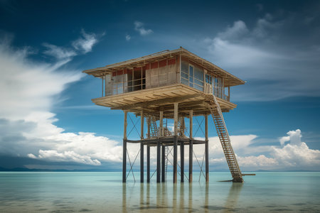 A community adapts to rising sea levels with floating architecture. Generative AI.の素材