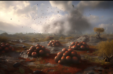 Cumulonimbus clouds above rusty red Mars landscape during terraforming planet. Generative AI.の素材