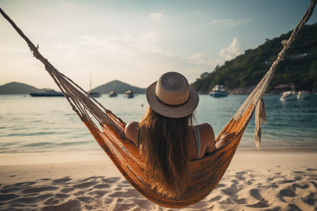 Traveler woman relax in hammock on summer beach Thailand. Rear view. Generative AI.の素材