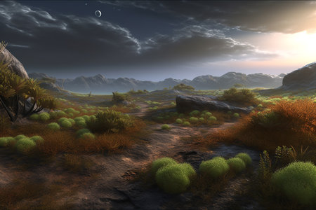 Cumulonimbus clouds above rusty red Mars landscape during terraforming planet. Generative AI.の素材