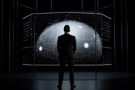 Back view of businessman interacts with graphs on a screen in a futuristic setting. Generative AI.の素材