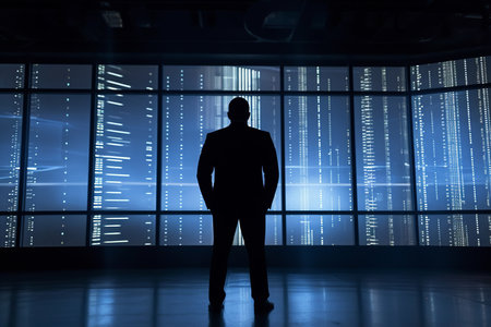 Back view of businessman interacts with graphs on a screen in a futuristic setting. Generative AI.の素材