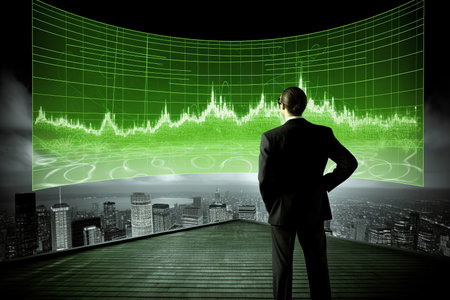 Back view of businessman interacts with graphs on a screen in a futuristic setting. Generative AI.の素材