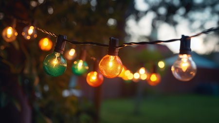 Festive string lights hanging in a backyard on bokeh background, perfect for parties. Generative AI.の素材