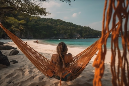 Traveler woman relax in hammock on summer beach Thailand. Rear view. Generative AI.の素材