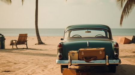 Classic car by the sea, with luggage on the hood, in vintage colors. Generative AI.の素材