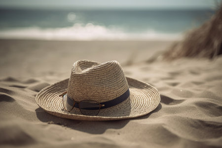 Accessories for a sunny day on the beach. Straw hat, sunglasses. Generative AIの素材