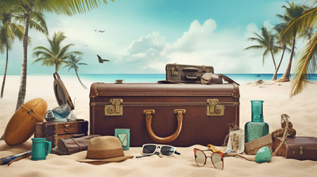 Essentials for a perfect beach day. Luggage and accessories. Generative AI.の素材