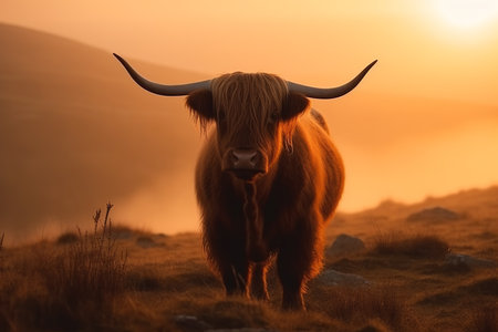 Highland cattle cow at foggy sunrise mountains. Generative AI.の素材