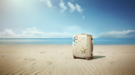 Luggage with star on sandy beach, copy space. Generative AI.の素材
