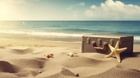 Luggage with star on sandy beach, copy space. Generative AI.の素材