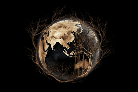 Planet earth distorted by withered branches, symbolizing the need to protect the environment. Earth day. Generative AIの素材
