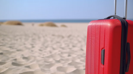 Red luggage on sandy beach. Generative AI.の素材
