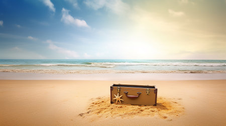 Luggage with star on sandy beach, copy space. Generative AI.の素材