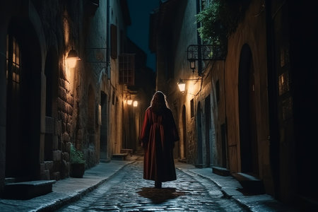 Silhouette of girl walking in the street of ancient medieval city at night. Generative AI.の素材