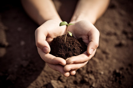 Hands holding young plant, symbolizing ecology concept. Generative AI.の素材
