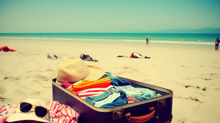 Essentials for a perfect beach day. Luggage and accessories. Generative AI.の素材