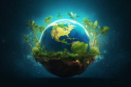 Planet earth covered plants, symbol of environmental protection. Earth Day concept. Generative AIの素材