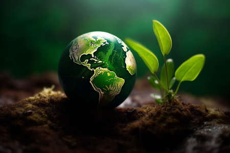 Earth Globe necklace on the ground, symbolizing Earth Day and ecology protection. Generative AI.の素材