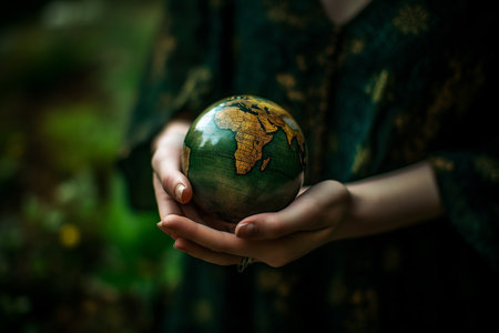 Human hands holding a green Earth with a plant, symbolizing saving the planet. Generative AI.の素材