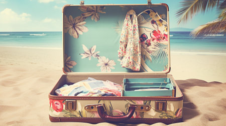 Essentials for a perfect beach day. Luggage and accessories. Generative AI.の素材