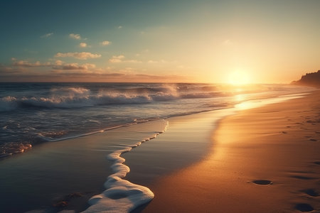 Tropical beach sunset with waves crashing on shore. Generative AI.の素材
