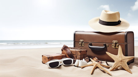 Essentials for a perfect beach day. Luggage and accessories. Generative AI.の素材