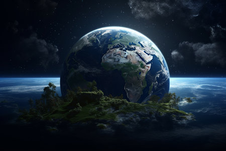 Giant Earth landed on the ground in Forest. Generative AI.の素材