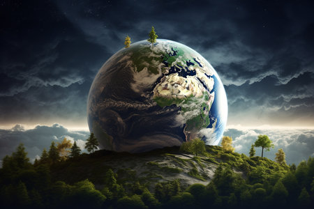 Giant Earth landed on the ground in Forest. Generative AI.の素材