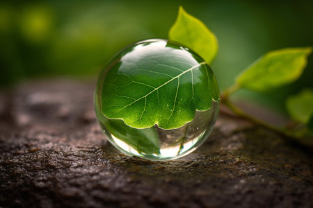 Glass Globe with leaf inside, symbolizing Earth Day and ecology protection. Generative AI.の素材