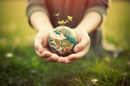 Human hands holding a green Earth with a plant, symbolizing saving the planet. Generative AI.の素材