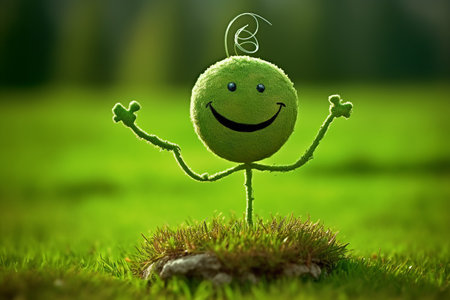 Green smiley in grass, earth day. Generative AI.の素材