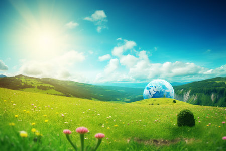 Earth Globe necklace on the ground, symbolizing Earth Day and ecology protection. Generative AI.の素材