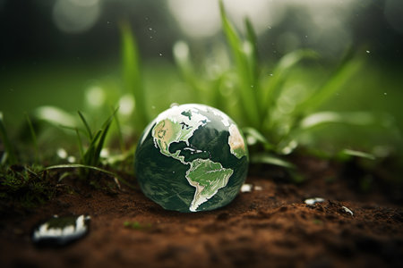 Earth Globe necklace on the ground, symbolizing Earth Day and ecology protection. Generative AI.の素材