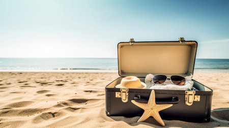 Luggage with star on sandy beach, copy space. Generative AI.の素材