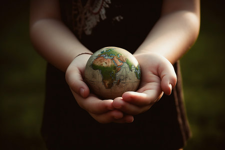 Human hands holding a green Earth with a plant, symbolizing saving the planet. Generative AI.の素材