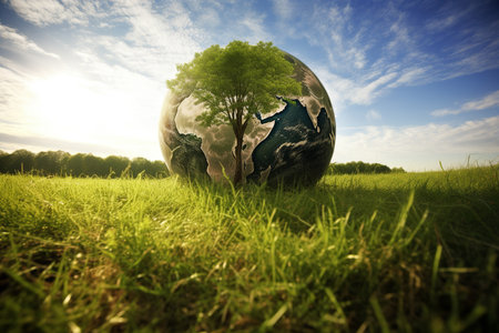 Giant planet ball hiding behind a tree on a green meadow. Earth day concept. Generative AI.の素材