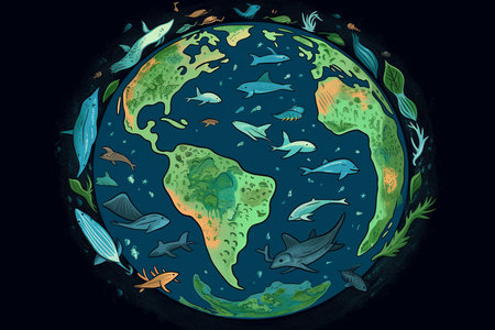 Colorful planet with fish in the ocean. Earth Day concept. Generative AI.の素材