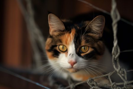 Curious cat sneaks through net. Generative AI.の素材