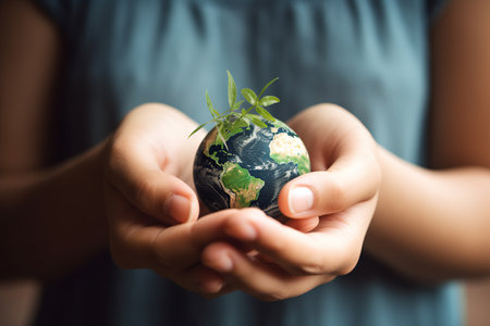 Human hands holding a green Earth with a plant, symbolizing saving the planet. Generative AI.の素材