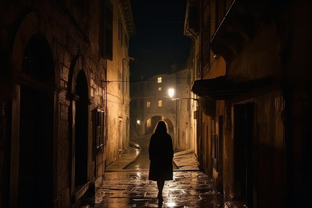 Silhouette of girl walking in the street of ancient medieval city at night. Generative AI.の素材