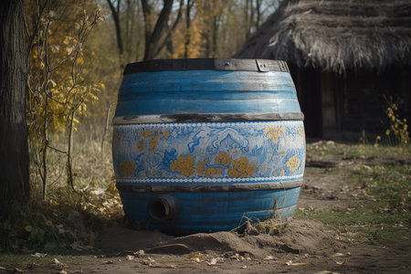 A big blue barrel filled with Ukrainian water. Generative AI.の素材