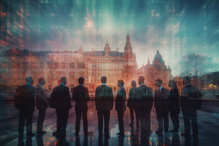 Double exposure of business people conference and city office building for partnership success. Generative AI.の素材