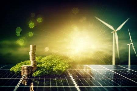 Wind power and green energy concept with coins and grass on the background. Generative AI.の素材