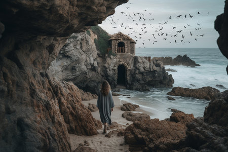 Boho girl exploring seaside cliff with ocean views and tomb entrance, lighthouse surrounded by birds. Generative AI.の素材