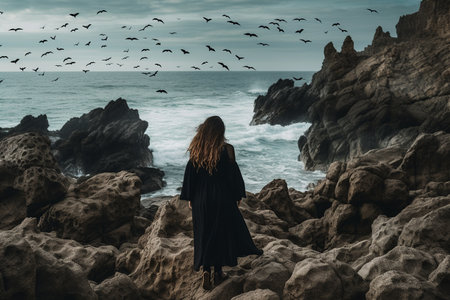 Boho girl exploring seaside cliff with ocean views and tomb entrance, lighthouse surrounded by birds. Generative AI.の素材