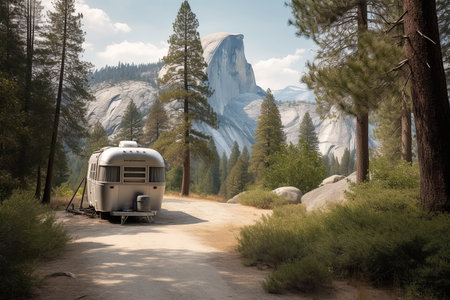 Trailer parked at National Park. Forest and mountains background. Generative AI.の素材