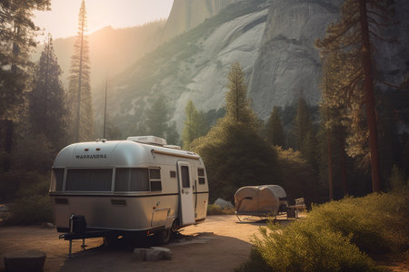 Trailer parked at National Park. Forest and mountains background. Generative AI.の素材