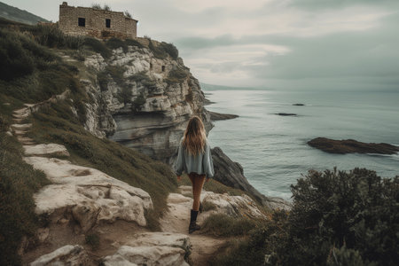 Boho girl exploring seaside cliff with ocean views and tomb entrance, lighthouse surrounded by birds. Generative AI.の素材