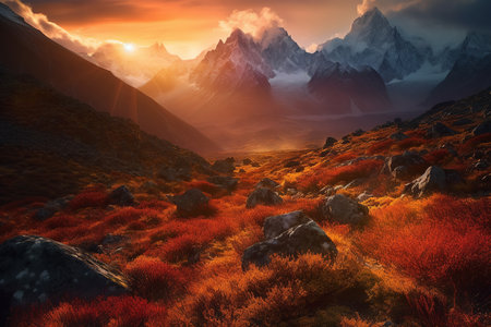 Majestic mountain range at sunset in a land of mythical dwarves. Generative AI.の素材